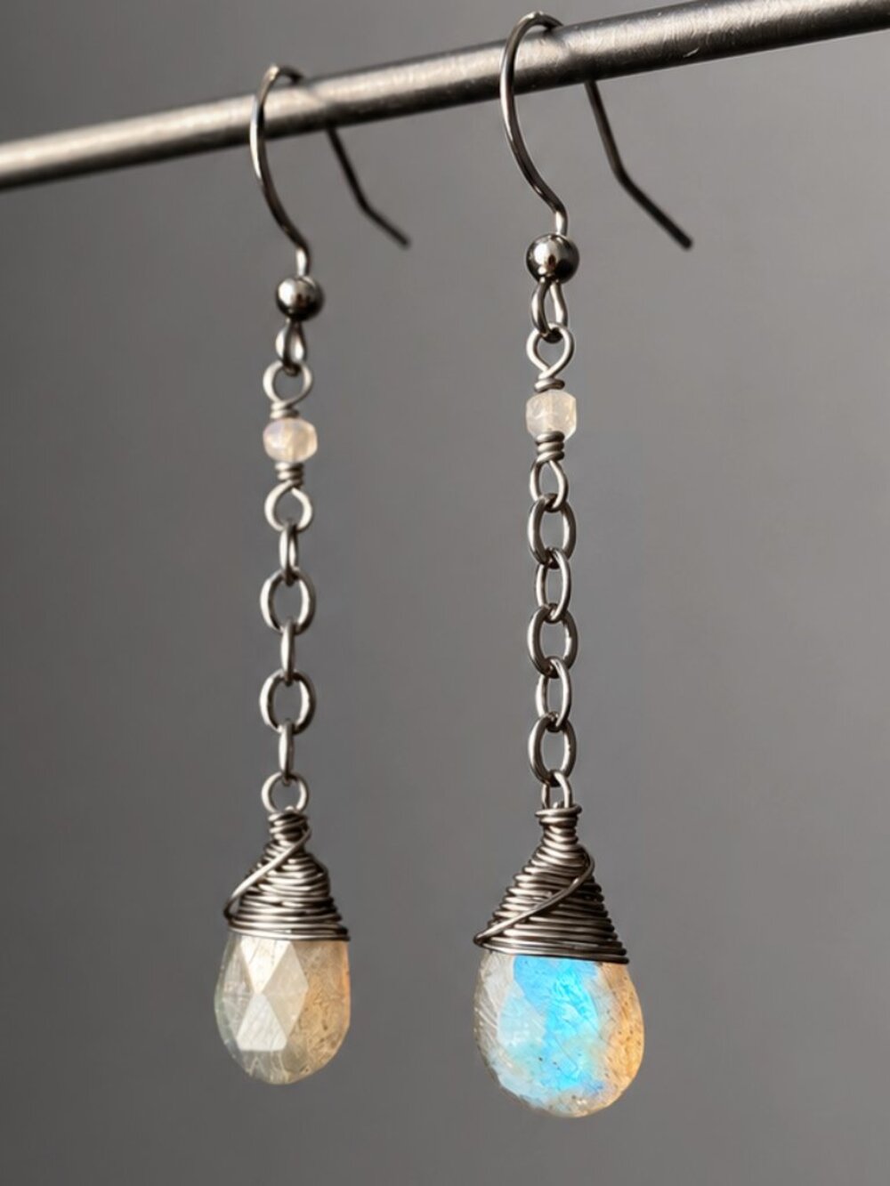 Labradorite & Gunmetal Wire Wrapped Earrings